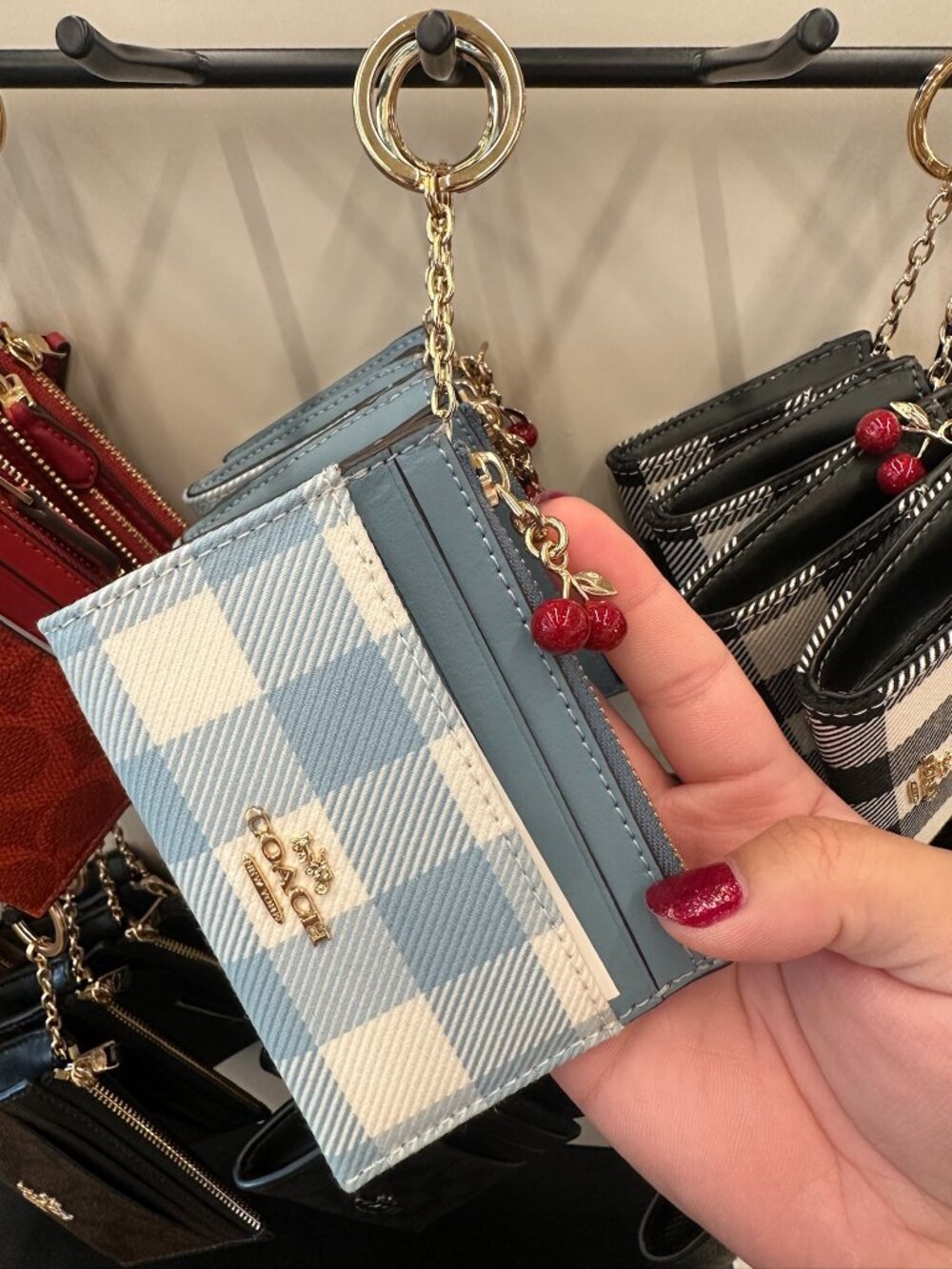 NWT! Coach CFA31 Mini Skinny ID Case With Gingham Print & Cherry Charm Blue/Gold
